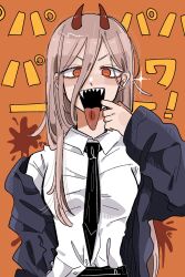  1girl bashira0777 black_necktie blonde_hair blood blue_jacket breasts chainsaw_man collared_shirt commentary_request cross-shaped_pupils demon_girl demon_horns dress_shirt finger_in_own_mouth hair_between_eyes highres horns jacket jacket_partially_removed long_hair looking_at_viewer necktie open_clothes open_jacket open_mouth orange_background power_(chainsaw_man) red_horns sharp_teeth shirt shirt_partially_tucked_in solo sparkle symbol-shaped_pupils teeth tongue tongue_out upper_body 