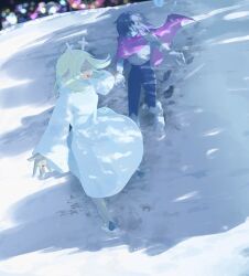  1girl 1other 5x5fo animal_ears antlers armor black_bodysuit blonde_hair blue_hair blue_skin bodysuit cape colored_skin commentary deer_antlers deer_ears deer_girl deltarune expressionless footprints furry furry_female hair_between_eyes highres holding holding_hands horns jewelry kris_(dark_world)_(deltarune) kris_(deltarune) long_hair looking_at_another noelle_holiday noelle_holiday_(dark_world) open_mouth pink_cape robe short_hair smile snow teeth thorn_ring_(deltarune) untranslatable_commentary utdr_(toby_fox) weird_route_(deltarune) white_robe 