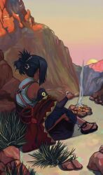  1boy absurdres blue_hair campfire commentary english_commentary fire_emblem fire_emblem_engage folded_ponytail food highres hypsclera japanese_clothes kagetsu_(fire_emblem) male_focus onigiri red_rope rope solo 