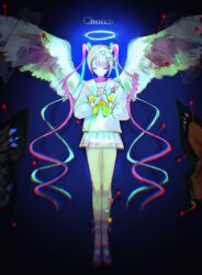  1girl angel_wings blue_hair blue_skirt bug butterfly chouzetsusaikawa_tenshi-chan commentary_request halo highres interlocked_fingers long_hair long_sleeves needy_girl_overdose own_hands_clasped own_hands_together pao_(i_loxe_u) pink_hair praying quad_tails sailor_collar school_uniform serafuku shirt skirt solo very_long_hair white_sailor_collar white_shirt wings 