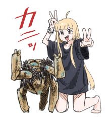  1girl ahoge alien barefoot black_shirt blonde_hair bracelet cho_kaguya-hime! collarbone commentary_request crossover double_v highres jewelry kaguya_(cho_kaguya-hime!) kneeling long_hair long_shirt looking_at_viewer orange_eyes project_hail_mary rocky_(project_hail_mary) satokatsu shirt short_sleeves smile translated v white_background 