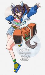  1girl animal_ears bead_necklace beads belt blue_hair blush brown_hair commentary cutoffs daitaku_helios_(casual)_(umamusume) daitaku_helios_(umamusume) denim denim_shorts dj_rotom ear_covers facial_tattoo green_eyes hair_ornament highres holding holding_microphone horse_ears horse_girl horse_tail jewelry long_hair long_sleeves microphone midriff multicolored_hair necklace one_eye_closed open_mouth orange_belt pokemon pokemon_(creature) pokemon_pokopia rotom saramiao-chan shirt shirt_under_shirt shoes shorts side_ponytail smile standing standing_on_one_leg star_(symbol) star_hair_ornament stereo streaked_hair tail tattoo teeth torn_clothes torn_shorts umamusume untranslatable_commentary white_shirt 