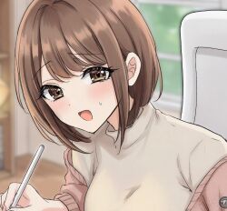  1girl brown_eyes brown_hair brown_sweater character_request commentary copyright_request dot_nose highres holding holding_pen indoors looking_at_viewer open_mouth parted_bangs pen small_sweatdrop solo sweater turtleneck turtleneck_sweater untranslatable_commentary upper_body wano_(azayakam) 