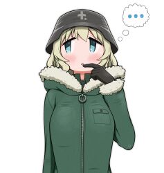  ... 1girl absurdres black_gloves blonde_hair blush breasts buttons dokadayo english_commentary finger_to_mouth fur-trimmed_jacket fur_trim gloves green_jacket grey_helmet helmet highres jacket large_breasts looking_to_the_side medium_hair meme monkey_thinking_(meme) open_mouth pocket shoujo_shuumatsu_ryokou simple_background solo speech_bubble spoken_ellipsis thinking upper_body white_background yuuri_(shoujo_shuumatsu_ryokou) zipper 