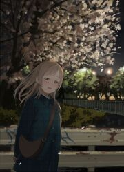  1_kozin 1girl absurdres bag blush brown_bag brown_hair cherry_blossoms coat commentary_request falling_petals floating_hair green_coat highres idolmaster idolmaster_shiny_colors long_hair looking_at_viewer outdoors petals sakuragi_mano shoulder_bag smile solo straight_hair 