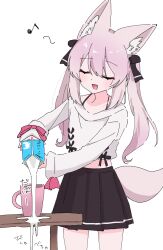  1girl :d animal_ear_fluff animal_ears black_bow black_skirt bow character_request closed_eyes commentary_request copyright_request cup fox_ears fox_girl fox_tail hair_bow highres k424ri long_hair long_sleeves milk mug musical_note open_mouth pink_hair pleated_skirt pouring ribbon simple_background skirt smile solo sweater table tail twintails white_background white_sweater 