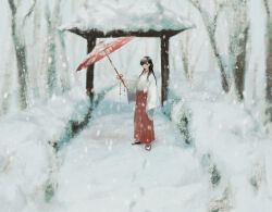  1girl bare_tree black_hair black_sandals blue_eyes blunt_bangs closed_mouth clouds cloudy_sky commentary_request day forest full_body hakama hakama_skirt happy holding holding_umbrella intern_miko_(miracle_nikki) japanese_clothes kimono long_hair long_sidelocks long_sleeves miko miracle_nikki nature nikki_(series) oil-paper_umbrella outdoors path red_hakama red_ribbon red_umbrella ribbon sandals short_kimono sidelocks skirt sky sleeves_past_wrists smile snow snowing socks solo standing tabi torii tree umbrella uro_(uvxkf) white_kimono white_socks wide_shot wide_sleeves winter zouri 