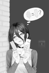  2girls apron artist_name chainsaw_man choker closed_mouth denji_(chainsaw_man) food grenade_pin greyscale hair_between_eyes hair_bun highres holding holding_food holding_ice_cream ice_cream ice_cream_bar light_blush lmk makima_(chainsaw_man) medium_hair monochrome multiple_girls reze_(chainsaw_man) speech_bubble sweater thought_bubble 
