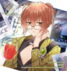  1boy azusawa_mito black-framed_eyewear black_shirt brooch brown_hair building chain cleavage_cutout clock_over_orquesta clothing_cutout commentary_request copyright_notice crossed_bangs cup drinking_glass earrings expressionless flower flower_in_drink gem glasses green_eyes green_gem green_jacket hair_between_eyes head_rest highres indoors jacket jewelry jitome key_earrings lapels long_sleeves looking_at_viewer male_focus necklace night notched_lapels official_art open_clothes open_jacket parted_lips patterned_clothing photo_(object) ponytail rectangular_eyewear red_flower red_rose rose sazanami_misa shirt short_hair short_ponytail sidelocks single_earring skyscraper solo turtleneck turtleneck_shirt upper_body window wine_glass 