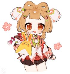  >_< 1girl :d alternate_color blunt_bangs blush bow bow-shaped_hair bowtie brooch brown_eyes brown_hair china_dress chinese_clothes closed_umbrella commentary_request cowboy_shot double-parted_bangs dress flower genshin_impact green_bow green_bowtie hair_flower hair_ornament hairclip highres jewelry layered_dress long_sleeves looking_at_viewer medium_hair official_alternate_costume oil-paper_umbrella oooma_155 open_mouth pink_dress pink_flower pleated_dress rabbit_brooch rabbit_hair_ornament red_dress red_umbrella short_eyebrows sidelocks simple_background smile solo standing stuffed_animal stuffed_rabbit stuffed_toy tassel umbrella white_background white_dress white_flower yaoyao_(genshin_impact) yaoyao_(rainlit_bamboo_reverie)_(genshin_impact) yuegui_(genshin_impact) 