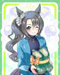  1girl animal_ears black_hair blue_coat blue_jacket blue_sweater blush boots chiffon closed_mouth coat commentary_request green_boots green_eyes hair_between_eyes holding holding_boots holding_unworn_clothes horse_ears horse_girl horse_tail jacket jewelry long_hair long_sleeves multicolored_hair necklace one_eye_closed satono_crown_(casual)_(umamusume) satono_crown_(umamusume) shirt side_ponytail smile solo streaked_hair sweater tail umamusume unworn_boots white_hair 