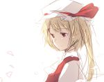  ascot blonde_hair bonnet empty_eyes flandre_scarlet hat hat_ribbon incomplete petals red_eyes ribbon sad shirt side_ponytail simple_background sketch solo tears touhou weee_(raemz) white_background white_shirt 