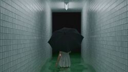  1girl black_umbrella ceiling ceiling_light commentary dream_pool facing_away hallway highres indoors natari original partially_submerged pleated_skirt skirt solo tile_ceiling tile_wall tiles umbrella untranslatable_commentary wading walking water white_skirt 
