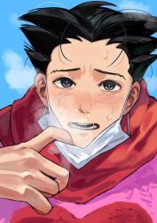  1boy ace_attorney black_hair blue_background breath commentary_request hairaito highres male_focus mask_pull open_mouth phoenix_wright pink_shirt scarf shirt short_hair sick snot sweatdrop upper_body 