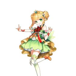  1girl ankle_boots blonde_hair blunt_bangs boots bow bowtie braid breasts brown_boots double_bun dress flower gold_tiara gradient_thighhighs green_dress green_eyes green_thighhighs hair_bun looking_at_viewer off-shoulder_dress off_shoulder red_bow red_bowtie sapphire_emerald small_breasts thigh-highs twin_braids uchi_no_hime-sama_ga_ichiban_kawaii white_thighhighs 