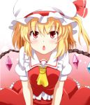  ascot blonde_hair blush eo_(artist) flandre_scarlet hat hat_ribbon highres looking_at_viewer open_mouth red_eyes ribbon skirt solo touhou wings 