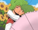  antennae blue_sky cloud clouds flower flower_field green_eyes green_hair hug kazami_yuuka kiss looking_at_viewer multiple_girls onikobe_rin parasol red_eyes shirt short_hair sky sunflower touhou umbrella wriggle_nightbug youkai yuri 