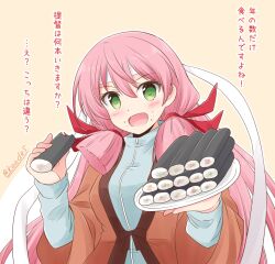  1girl akashi_(kancolle) blunt_tresses blush commentary_request ehoumaki food food_on_face green_eyes hair_ribbon headband holding holding_food holding_plate japanese_clothes kantai_collection long_hair long_sleeves looking_at_viewer makizushi one-hour_drawing_challenge open_mouth outline pink_hair plate ribbon shizuna_kaede smile solo sushi translation_request upper_body white_outline yellow_background 