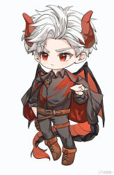 1boy black_jacket black_pants black_shirt boots brown_boots chibi chibi_only chinese_commentary closed_mouth collared_jacket collared_shirt commentary_request dragon_boy dragon_horns dragon_tail dragon_wings full_body highres horns jacket jacket_on_shoulders love_and_deepspace male_focus no_nose pants parted_bangs quededede red_eyes shirt short_hair simple_background solo sylus_(love_and_deepspace) tail white_background wing_collar wings 