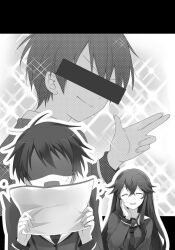  029 1boy 1girl ^_^ andou_jurai bar_censor breasts censored closed_eyes closed_mouth collared_shirt crossed_bangs faceless faceless_male glowing greyscale hair_between_eyes highres inou-battle_wa_nichijou-kei_no_naka_de jacket large_breasts long_hair long_sidelocks mole mole_under_eye monochrome necktie non-web_source official_art open_mouth school_uniform senkou_high_school_uniform shaded_face shirt short_hair sidelocks smile standing takanashi_sayumi v-shaped_eyebrows very_long_hair 