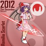  1girl 2012 ascot bat_wings dra2k4 dress hat purple_hair red_eyes remilia_scarlet ribbon shoes solo spear_the_gungnir touhou wings 