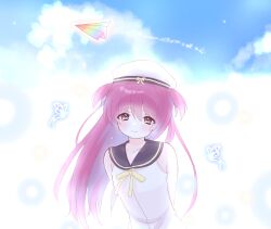  1girl arms_behind_back bare_shoulders black_sailor_collar blue_butterfly blue_sky blush bug butterfly closed_mouth clouds commentary_request crying crying_with_eyes_open day dress eyes_visible_through_hair floating_hair glowing_butterfly grey_eyes hair_between_eyes hat highres katou_umi light_particles long_hair looking_at_viewer outdoors paper_airplane pink_hair sailor_collar sailor_dress sailor_hat sky sleeveless sleeveless_dress smile solo srnzm_meme summer_pockets tears two_side_up upper_body very_long_hair white_dress white_hat 