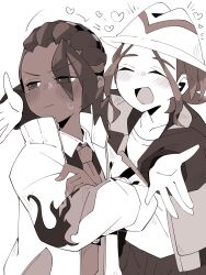  1boy 1girl blush closed_eyes collared_shirt commentary_request crossed_arms dark-skinned_male dark_skin facing_away harmony_(pokemon) hat heart highres jacket maru_(hachi_47923) medium_hair monochrome naveen_(pokemon) necktie no_nose open_mouth outstretched_arms pokemon pokemon_legends:_z-a shirt striped_hat trilby tsundere upper_body white_background 