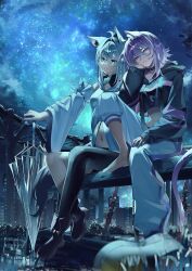  2girls after_rain ahoge amesui animal_collar animal_ears aqua_eyes asymmetrical_pants baggy_pants barefoot black_boots black_collar black_hoodie black_shorts black_thighhighs boots braid cat_ears cat_girl cat_tail collar commentary cropped_hoodie crossed_bangs detached_sleeves double-parted_bangs drawstring fox_ears fox_girl fox_tail front_slit hair_between_eyes hand_on_own_face highres holding holding_umbrella hololive hood hooded_vest hoodie knee_up long_hair long_sleeves looking_at_viewer messy_hair midriff multiple_girls navel nekomata_okayu nekomata_okayu_(1st_costume) night outdoors pants parted_lips purple_hair shirakami_fubuki shirakami_fubuki_(1st_costume) shoes short_shorts shorts side_braid single_thighhigh sitting sky snake sneakers star_(sky) starry_sky sweatpants tail thigh-highs transparent transparent_umbrella umbrella untranslatable_commentary unworn_shoes vest violet_eyes virtual_youtuber white_hair white_pants white_sleeves wide_sleeves yellow_shoes 