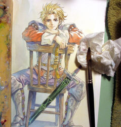  1boy agahari armor armored_boots art_brush art_tools_in_frame belt belt_buckle black_pants blonde_hair blue_eyes boots brown_belt buckle chair closed_mouth commentary_request full_body gustave_xiii looking_at_viewer male_focus on_chair paintbrush painting_(medium) pants photo_(medium) red_shirt saga saga_frontier_2 sheath sheathed shirt short_hair shoulder_armor sitting sitting_backwards sleeve_cuffs smile solo spread_legs sword traditional_media weapon 