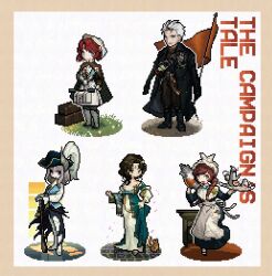  1boy 4girls adoptive_parent_and_adoptive_child antique_firearm bunny_bunny_(reverse:1999) commentary_request english_text father_and_child father_and_daughter gun igor_(reverse:1999) mace marsha_(reverse:1999) moldir_(reverse:1999) multiple_girls musket musketeer official_alternate_costume parent_and_child pixel_art reverse:1999 sentinel_(reverse:1999) sentinel_(the_shackles_of_sin)_(reverse:1999) spiked_mace spikes weapon xjsbca 