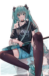  1girl aqua_eyes aqua_hair aqua_shoes aqua_shorts black_bow black_choker black_shirt black_thighhighs bow choker collarbone commentary electric_guitar guitar hair_bow hatsune_miku highres holding holding_guitar holding_instrument instrument jewelry long_hair looking_at_viewer off-shoulder_shirt off_shoulder pendant print_shirt reflection shirt shoes shorts single_bare_shoulder single_off_shoulder sitting sneakers solo thigh-highs torn_clothes torn_thighhighs twintails vanilla_flan vocaloid 