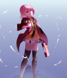  1girl absurdres aiming aiming_at_viewer aura black_necktie black_thighhighs blue_background bob_cut commentary corecamilox4 double-parted_bangs dual_wielding eiyuu_densetsu english_commentary feet_out_of_frame floating_clothes floating_neckwear glint gradient_background green_eyes hair_between_eyes highres holding holding_weapon jacket juna_crawford looking_at_viewer necktie open_clothes open_jacket partially_shaded_face pink_hair sen_no_kiseki_(series) sen_no_kiseki_iv short_hair shorts shorts_under_skirt simple_background skirt solo standing thigh-highs tonfa weapon white_skirt 