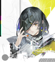  1girl absurdres arknights arknights:_endfield black_hair blindfold_mask chinese_commentary commentary_request cropped_shoulders elevation_contour_lines endministrator_(arknights) female_endministrator_(arknights) glitch highres holding holding_mask looking_at_viewer mask parted_lips solo world_(1257843324) yellow_eyes 