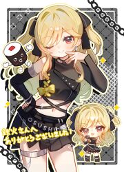  1girl :d black_ribbon black_skirt black_sleeves blonde_hair border bow bracelet chain_print character_request chibi choker closed_mouth collar commentary_request copyright_request crop_top curled_fingers detached_sleeves dot_nose earrings facing_viewer food grey_background hand_on_own_hip hand_to_own_mouth highres holding holding_microphone jewelry light_blush long_hair long_sleeves looking_at_viewer metal_bracelet metal_collar microphone multicolored_hair navel one_eye_closed pearl_earrings pink_streaks pleated_skirt pointing pointing_at_viewer red_eyes ribbon sidelocks simple_background single_detached_sleeve single_sleeve_past_wrist skirt smile solo_focus standing streaked_hair sundi3d sushi thighhigh_belt white_border yellow_bow 