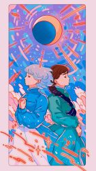  2girls alt_text apron back-to-back blue_clouds blue_dress blue_sky border braid brown_hair card_(medium) closed_mouth commentary cowboy_shot crescent_moon dress english_commentary glowing gradient_sky green_dress grey_hair hands_up highres howl_no_ugoku_shiro long_hair meyoco moon multiple_girls multiple_views pastel_colors pink_border pink_clouds pink_light purple_sky roman_numeral rounded_corners short_hair sky sophie_hatter_(howl_no_ugoku_shiro) standing tarot tarot_(medium) the_moon_(tarot) white_apron 