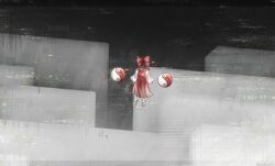  1girl absurdres arms_at_sides bow brown_hair detached_sleeves floating from_behind full_body glitch grey_background hair_bow hakurei_reimu highres liminal_space long_skirt marina_killer_red medium_hair orb red_bow red_shirt red_skirt shirt skirt sleeveless sleeveless_shirt solo touhou white_sleeves wide_shot yin_yang yin_yang_orb 