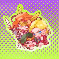  1girl 2boys adoptive_siblings angela_(marvel) animification armor bikini_armor blonde_hair blue_eyes brother_and_sister brothers cape chibi chibi_only closed_eyes coat colored_eyelashes commentary fake_horns fur-trimmed_coat fur_trim gauntlets gold_bra gold_trim green_background green_coat green_hair highres holding holding_sword holding_weapon horned_headwear horns loki_(marvel) long_hair looking_to_the_side marvel midriff multiple_boys open_mouth orange_hair pauldrons polka_dot polka_dot_background red_cape short_hair shoulder_armor siblings siciyuanbianmu sweatdrop sword thor_(marvel) thor_(marvel)_(series) tripping untranslatable_commentary weapon winged_headwear 