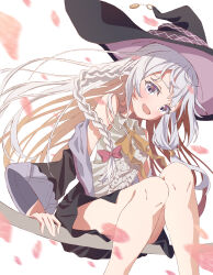  1girl :d absurdres bare_shoulders black_hat black_robe blush bow bowtie braid broom broom_riding center_frills chinese_commentary collared_shirt colored_eyelashes commentary convenient_leg elaina_(majo_no_tabitabi) falling_petals feet_out_of_frame floating_hair frilled_shirt frills grey_eyes grey_hair hair_between_eyes hair_bow hair_over_shoulder hat he_shan123 highres knees_together_feet_apart long_hair long_sleeves looking_at_viewer low-tied_long_hair majo_no_tabitabi open_clothes open_mouth open_robe petals pink_bow robe robe_partially_removed shirt simple_background single_braid sitting smile solo thighs two-sided_fabric two-sided_headwear very_long_hair white_background white_shirt wide_sleeves witch witch_hat yellow_bow yellow_bowtie 
