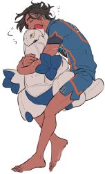  1boy barefoot black_hair blue_shirt blue_shorts character_doll chuu_ni closed_eyes commentary_request dark-skinned_male dark_skin doll duraludon hair_down male_focus medium_hair messy_hair open_mouth pokemon pokemon_sword_and_shield raihan_(pokemon) scar scar_on_arm shirt short_hair short_sleeves shorts simple_background sleepy solo squeans stuffed_toy white_background 