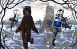  1girl animal_costume animal_slippers asymmetrical_hair bear_costume brown_eyes brown_hair closed_mouth cross expressionless hair_ornament hairclip highres iwakura_lain long_sleeves mirror_image monitor multiple_monitors r4kk4_404 serial_experiments_lain short_hair single_sidelock slippers speaker surreal tree wire x_hair_ornament 