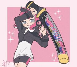  1girl bike_shorts black_jacket black_shorts border commentary_request decavitator_(splatoon) grey_border grey_eyes holding holding_weapon jacket long_hair octoling octoling_girl octoling_player_character open_mouth outside_border pink_background pink_hair shorts simple_background smile solo splatoon_(series) splatoon_3 standing tentacle_hair toothpaste umeboshi_tarooo weapon white_jacket 