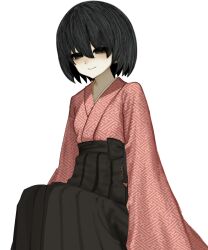 1girl arms_at_sides black_eyes black_hair black_hakama blush bob_cut breasts closed_mouth empty_eyes feet_out_of_frame hair_between_eyes hakama highleg highres japanese_clothes kimono light_smile long_sleeves monogatari_(series) narrowed_eyes oshino_ougi pale_skin pink_kimono print_kimono shin1kake short_hair simple_background sitting small_breasts solo white_background wide_sleeves 