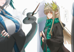  2girls absurdres arknights black_jacket blonde_hair blue_necktie blush commentary_request diagonal-striped_clothes diagonal-striped_necktie green_nails green_necktie green_scarf grey_hair grey_sweater head_wings highres ho'olheyak_(arknights) jacket long_hair muelsyse_(arknights) multiple_girls necktie open_clothes open_jacket pointy_ears scarf short_hair striped_clothes sweater tail uof wings yellow_eyes 