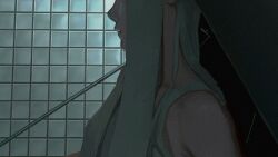  1girl bare_shoulders black_umbrella camisole closed_mouth commentary eyes_out_of_frame from_side head_out_of_frame highres holding holding_umbrella lips long_hair natari nose original sleeveless solo tile_wall tiles umbrella untranslatable_commentary white_camisole white_hair 