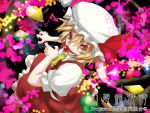  ascot blonde_hair cherry flandre_scarlet food fruit hat long_hair red_eyes side_ponytail skirt skirt_set solo soubi tongue tongue_out touhou wings 