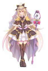  1girl absurdres ankle_boots antenna_hair black_boots black_bow black_bowtie black_capelet black_dress black_thighhighs blonde_hair boots bow bowtie brooch capelet commentary crossed_ankles cure_arcana_shadow diamond_hairband dress frilled_capelet frilled_cuffs frilled_dress frills full_body gradient_hair hair_bow hair_intakes heart heart_brooch highres holding holding_staff jewelry layered_dress light_frown long_hair looking_at_viewer magical_girl medium_dress meitantei_precure! mfjw2774 moria_luluka multicolored_hair open_mouth precure purple_veil simple_background solo staff standing tear_arcana_rod thigh-highs veil very_long_hair violet_eyes white_background 