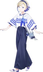  1girl adapted_turret akira_(kadokawa) blonde_hair blue_eyes blue_hair blue_hairband blue_nails blue_pants full_body gradient_hair hairband jean_bart_(kancolle) jean_bart_(spring)_(kancolle) kantai_collection looking_at_viewer multicolored_hair official_alternate_costume official_art pants shirt shoes solo striped_clothes striped_shirt transparent_background walking white_shirt white_shoes 