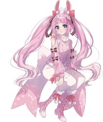  1girl animal animal_ear_fluff animal_ear_legwear animal_ears animal_on_head aran_sweater arms_at_sides back_bow bare_shoulders blue_eyes blunt_bangs blush boots bow breasts bright_pupils brown_bow cable_knit closed_mouth clothing_cutout commentary commission english_commentary floral_print flower footwear_bow full_body fur-trimmed_boots fur_trim hair_bow hair_flower hair_ornament high_heel_boots high_heels highres invisible_chair knee_boots knees_together_feet_apart lace-up_boots long_hair long_sleeves looking_at_viewer miniskirt on_head original pencil_skirt pink_boots pink_bow pink_flower pink_hair pink_sweater pink_trim puffy_long_sleeves puffy_sleeves rabbit rabbit-shaped_pupils rabbit_ear_legwear rabbit_ears rabbit_girl rabbit_on_head red_bow sasucchi95 shirt_tucked_in short_bangs short_eyebrows shoulder_cutout sidelocks simple_background sitting skirt skirt_bow sleeve_bow small_breasts smile solo striped_bow sweater symbol-shaped_pupils thigh-highs turning_head turtleneck turtleneck_sweater two-tone_bow very_long_hair wavy_hair white_background white_bow white_pupils white_rabbit_(animal) white_skirt white_thighhighs zettai_ryouiki 