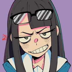  1girl asymmetrical_bangs black_hair drink_carton eizouken_ni_wa_te_wo_dasu_na! eyewear_on_head freckles glasses green_eyes grid_teeth hair_over_face half-closed_eyes junkou kanamori_sayaka long_eyelashes long_hair looking_at_viewer milk_carton school_uniform shibahama_high_school_uniform straight_hair 