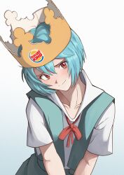  1girl absurdres aqua_hair ayanami_rei blue_hair blush burger_king_crown collarbone collared_shirt copyright_logo english_commentary english_text hair_between_eyes head_tilt highres logo milkmountain neon_genesis_evangelion parted_bangs red_eyes school_uniform shirt short_hair solo upper_body white_background 